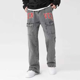 Men's Jeans 2023 Vibe Style Letter Embroidery Vintage Grey Baggy Men Jeans Pants Y2K Clothes Straight Hip Hop Loose Denim Trousers Vaqueros Z0508