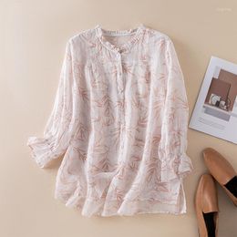 Women's Blouses Cotton Linen Shirt For Women Summer 2023 In Printed Vintage Loose Fashion Long Sleeve Top O-neck Edible Tree