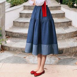 Skirts Denim Pleated For Women Blue Jeans Midi Skirt High Waist A-Line Long Y2k Korean Vintage Costume