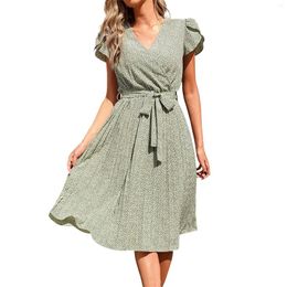 Casual Dresses Women's Summer Dress Floral Short Sleeve V Neck Beach High Waist Midi Pleated Skirt Outfit Maxi