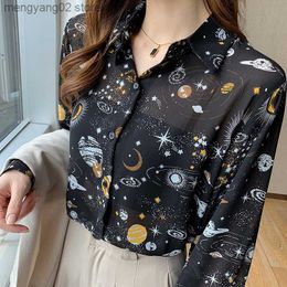 Women's Blouses Shirts Autumn 2021 New Women's Lolita Style Printed Long Sleeve Shirt Fashion Thin Satin Girl's Top Star Sky Pattern Lantern Sleeve T230508