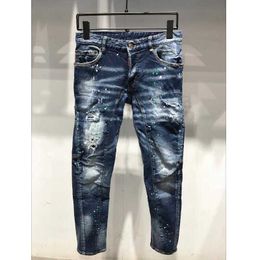 Men's Jeans Men's Trendy Casual Slim MotoBiker High Street Denim Fabric Pants Fashion Hole Spray Paint Jeans A232 Z0508