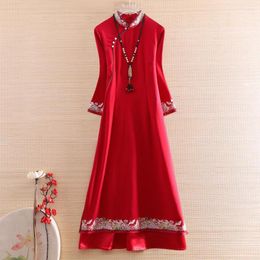 Ethnic Clothing Chinese Style Women Qipao Dress Autumn Royal Embroidery Floral Vintage Elegant Lady Luxurious Cotton Cheongsam S-XXL