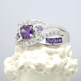 Wedding Rings Purple Crystal Hollow Out Heart Ring Elegant Girl Inlay Four Claw Zircon Silver Colour Charm Lady Engagement Jewellery