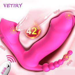 Vibrators 3 IN 1 Sucking Vibrator Heating Wearable Dildo Vibrator Anal Vagina Clitoris Stimulator Sex Toys for Women Gspot Oral Suction 230508