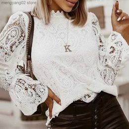 Women's Blouses Shirts Sexy Lace Hollow Shirt Blouse Woman Spring Fall Fashion Long Sleeve O-neck Shirts Top Femme White Vintage Loose Women Clothing T230508