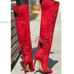 Boots Elegant Knee High Back Lace Pointed Toe Suede Leather Gladiator Red Long Heel Women Fashion Dress Shoes
