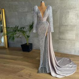 Party Dresses Fashion Glitter Luxury Prom Long Sleeves V-Neck High Slit Sequins Women Evening Night Gowns Custom Made Plus Size