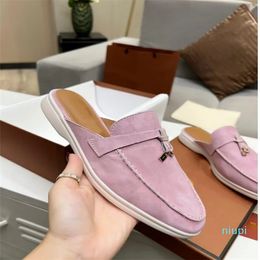Designer -dress shoes summer charms slides embellished loro pianan suede slippers luxe sandals shoes genuine leather open toe casual flats for women luxurys