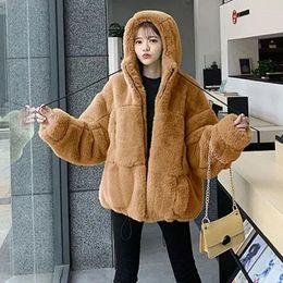 Women's Fur Jacket Famale Loose Faux Zip Hooded Thicken 2023 Winter Short Coat Excellent Texture Thick