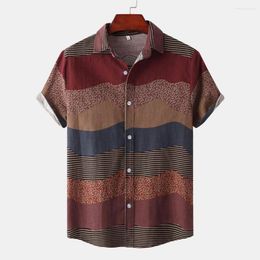 Men's Casual Shirts Contrast Colours Short Sleeves Single-breasted Men Shirt Vintage Style Turn-down Collar Summer Tops Loose Type