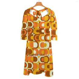 Casual Dresses 70S Pattern Retro Inustrial In Orange And Brown Tones Square Neck Dress Plus Size Elegant Women Waist Tight