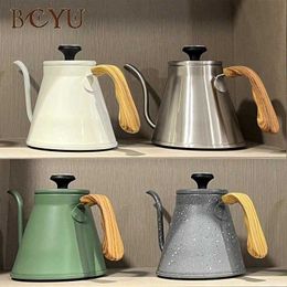 Coffee Pots 1.2l stainless steel Nordic style coffee pot gooseneck kettle with thermometer handle wood vintage coffee maker kettle P230508