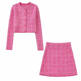Women's rose pink Colour 2 pc dress suit single breasted short sweater and skirt twinset SML