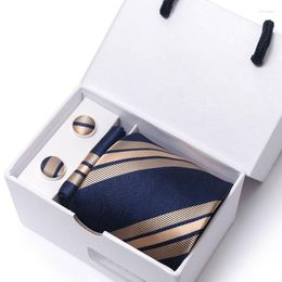 Bow Ties Detachable Neck Set For Men Luxury Tie Handkerchiefs Cufflinks Gift Box Bussiness Wedding Slim Striped Jacquard Neckties