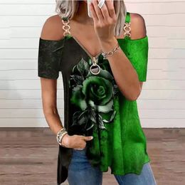 Women's T Shirts 2023 Fashion Street Hipster Summer Casual V-neck Gothic Rose Print Short Sleeve Loose T-shirt Pullover Female Plus Size