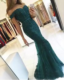 New Mermaid Evening Dresses Formal Prom Party Gown Off-Shoulder Floor-Length Sweep Train Beaded Applique Tulle long Backless Custom