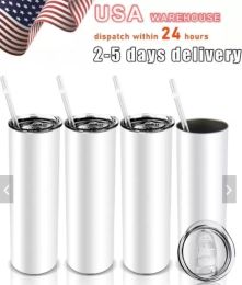 US CA Warehouse Sublimation Blanks Mugs 20oz Stainless Steel Straight Tumblers Blank white Tumbler with Lids and Straw Heat Transfer Cups Water Bottles hh0508