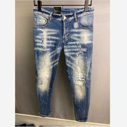 Men's Jeans Men's Trendy Casual Slim MotoBiker High Street Denim Fabric Pants Fashion Hole Spray Paint Jeans A361 Z0508