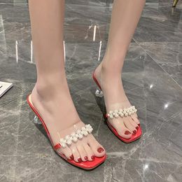 Slippers Transparent Heel Crystal Women Pearl PVC Summer Sweet Open Toe High Slides Zapatos Mujer