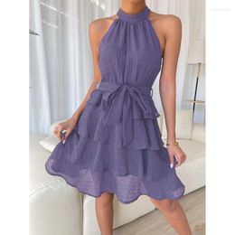 Casual Dresses Womens Elegant Sleeveless Halter Neck A-Line Short Dress Solid Color Ruffle Layer Hem Tie Waist Flowy Swing