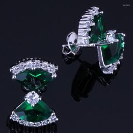 Stud Earrings Captivating Fan Shaped Green Cubic Zirconia White CZ Silver Plated V0867