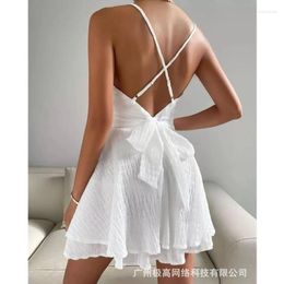 Casual Dresses Women Sexy Fashion Party Dress Elegant Strap Sleeveless V Neck High Waist Corset Bow Tie Backless Pleated Evening