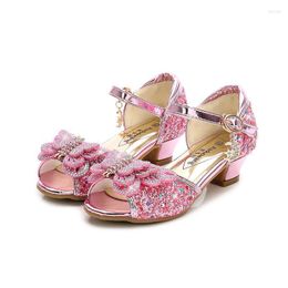 Flat Shoes Children Sandals For Girls Weddings Crystal High Heel Banquet Pink Gold Blue Glitter Leather Butterfly