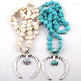 Pendant Necklaces Bohemian Jewelry Flat Blue/White Stone Knotted U Charm Necklace For Women Ethnic