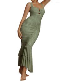 Casual Dresses Women Elegant Sleeveless Prom Gowns V-neck Mermaid Fishtail Evening Party Dress Cutout Ruched Bodycon