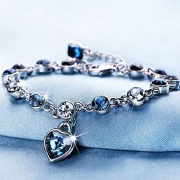 Chain Fashion Heart of Ocean Pendant Bracelets Shiny Blue Crystal Love Bracelet for Women Valentines Day Jewelry Wholesale 230508