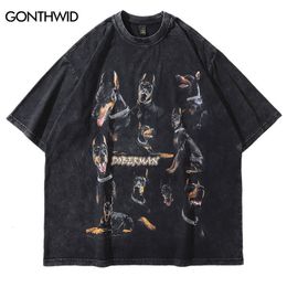 Men's T-Shirts Oversize Distressed T Shirts Hip Hop Vintage Doberman Dog Print Punk Rock Gothic Tshirt Streetwear Harajuku Casual T-Shirt 230506