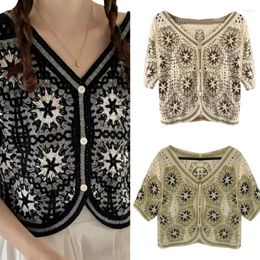 Women's Blouses Style Womens Hollow-Out Cardigan Y2K Crochet Knitted Crop Tops Streetwear Summer-Tees