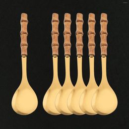 Dinnerware Sets 6Pcs Gold Long Handle Serving Spork Bamboo Wooden Salad Spoon Fork 304 Stainless Steel Tableware Kitchen Cutlery Set