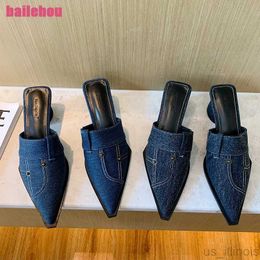 Dress Shoes Fashion Round Heels Sandals Mules For Ladies New In 2023 Denim Blue Pointed Toe Women Pumps Slides Shoes Casual Female Sippers