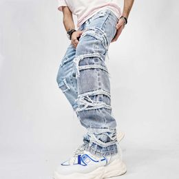 Men's Jeans 2023 Stylish Men Streetwear Loose Ripped straight slim fit Jeans Trousers Hip hop Male Holes Solid Casual Denim Pants Z0508