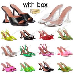 wedding Sandals Heeled Shoes Dress Shoe Luxury Satin High Amina Muaddi Bow Crystal-Embellished Buckle Pointed Toe Sunflower transparent Pcv Sandal Dinner With Box