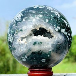 Decorative Figurines Natural Moss Agate Sphere Crystal Quartz Rock Mineral Reiki Healing