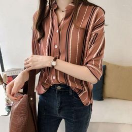 Women's Blouses Women Clothes Summer Striped Print Short Sleeve Button Up Shirt Fashion Simple Casual V-Neck Loose Blouse Irregular Chiffon