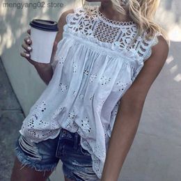 Women's Blouses Shirts White Lace Hollow Out Cotton Women's Blouses Sleeveless O Neck Sexy Female Blouse Tops Loose Solid Hollow Out Shirts Blusa 5XL T230508