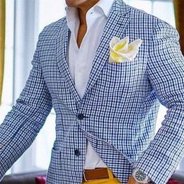 Men's Suits Blazers Casual Plaid Professional Dress Suit Collar Blue British Style Elegant Retro Suit Jacket Business Gentleman Suit Men's Clothing 230506