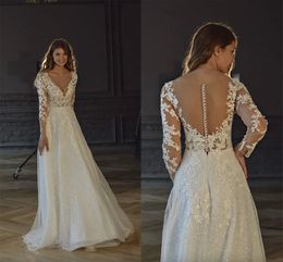 V LACE APLICADO DE VENHOS DE NEDIMENTOS APLICADOS DE LINHA com mangas compridas Botões de fundo de ilusão vintage de lantejoulas brilhantes vestidos de maternidade de tamanho grande vestidos de noiva