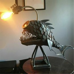 Decorative Objects Figurines Creative Angler Fish Desk Lamp Shark Desktop Night Light USB Metal Art Lantern Table Decoration Bedroom Home Decoration Gift 230508