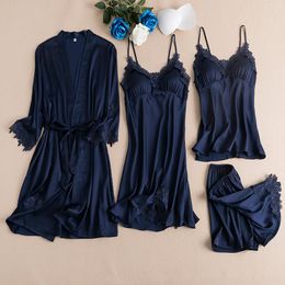 Women's Sleepwear 4PCS Nightwear Sleep Set Navy Blue Women Pajamas Suit Kimono Robe Spring Lingerie Lace Nightshirts Bathrobe Homewear