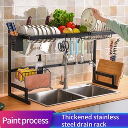 Organization 65/85cm Stainless Steel Dish Rack Drainer Kitchen Storage Drying Shelf Tray Over Sink Utensil Holder Drain Kitchen Organizer