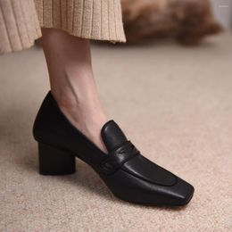 Dress Shoes Artmu Genuine Leather High Heels For Women Black Work Square Toe 5.5cm Pumps Thick Heel Slip On Ladies Loafers