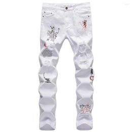 Men's Jeans Men Letters Embroidery Printed Streetwear Slim Straight Stretch Denim Pants Black White Holes Ripped Trousers