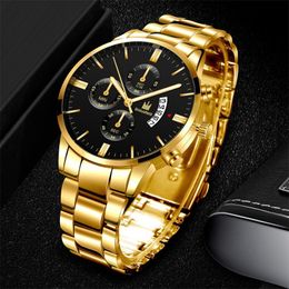 Wristwatches Other Sporting Goods Mens Fashion Business Quartz Watch Fake Three Eye Six Pin Calendar Men Stainless Steel Belt es 230506