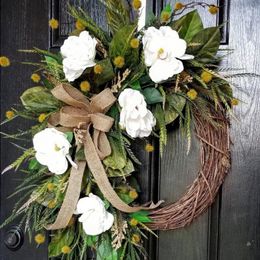 Decorative Flowers Flower Wreath Weather-resistant Not Wither No Watering Easy To Care White Magnolia Refreshing Garland Home Decor