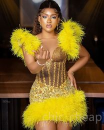 2023 May Aso Ebi Yellow Short Prom Dress Feather Sequined Lace Evening Formal Party Second Reception Birthday Engagement Gowns Dress Robe De Soiree ZJ195